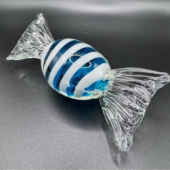 Glass Wrapped Candy Large Blue White Striped Murano Art Paperweight Decor - Picture 1 of 12